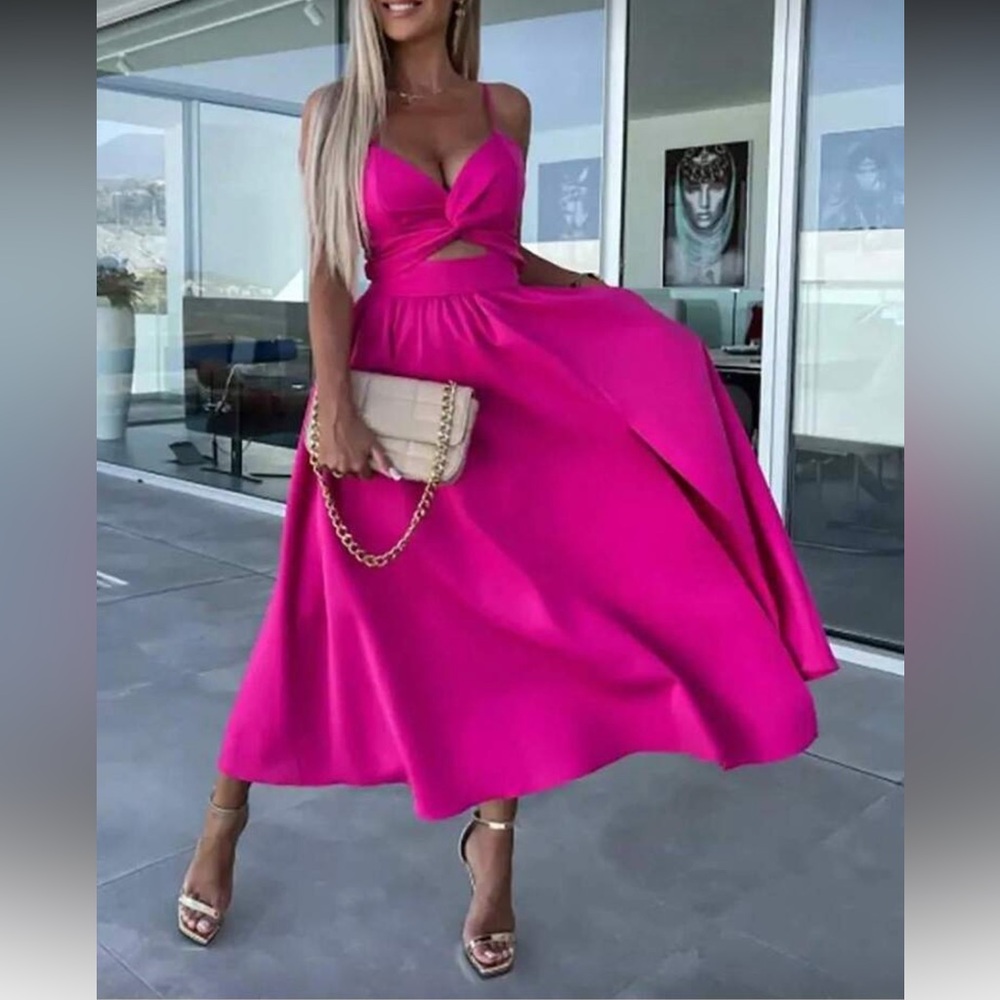 Vibrant Pink Cutout Midi Dress